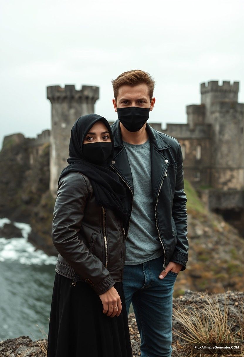 Jamie Dornan's head and body shot, handsome, youngest, black face mask, black leather jacket, jeans, dating, love with the biggest black hijab Muslim girl, not tall, beautiful eyes, face mask, maroon leather jacket, biggest black skirt, hyper-realistic, studio photography, full body photo, explore at abandoned castle, at sea, gloomy scenery.