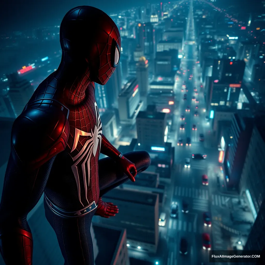 spiderman, night scene, cyberpunk, city, height, aerial view from distance, cars below, streets, cinematic lighting, full body shot, hyperrealistic, quality