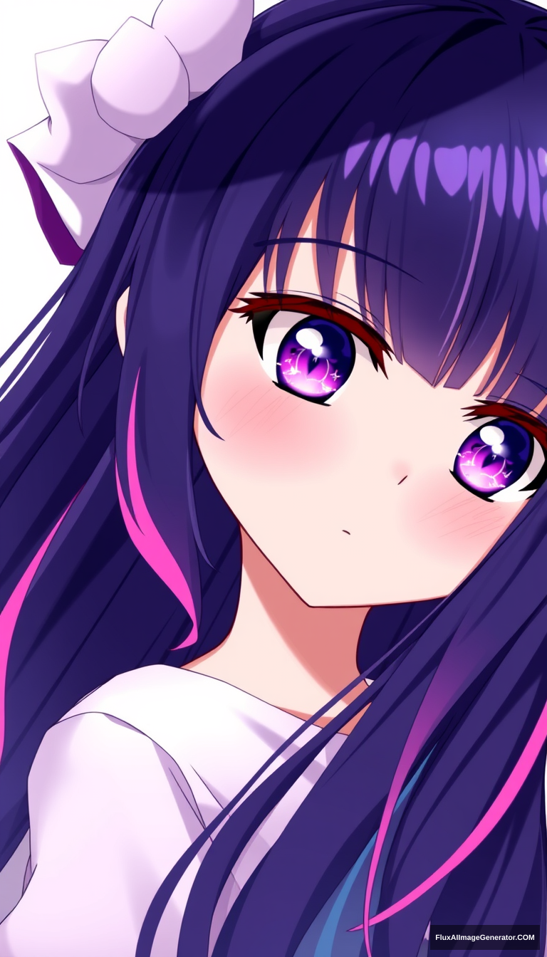 A beautiful young girl with dark purple and pink-colored eyes, featuring shiny white six-star pupils. She has long indigo and purplish hair that reaches her waist, along with bangs that have pink streaks. Anime art style.