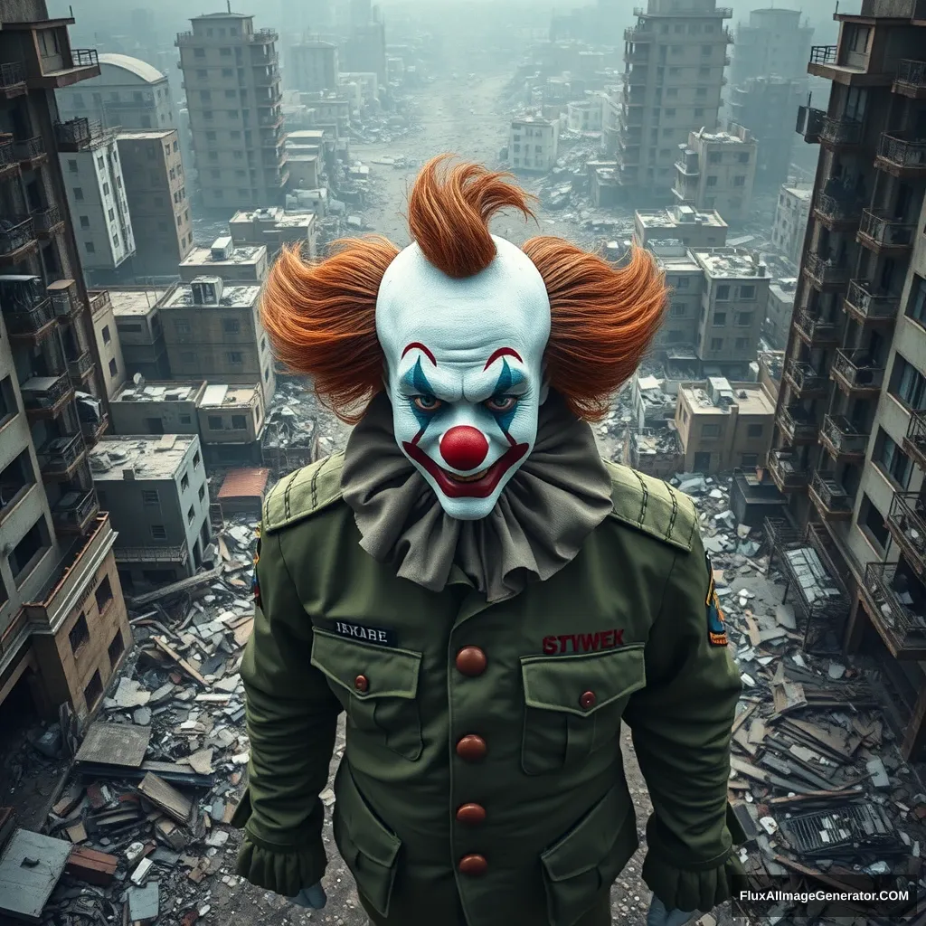 A desperately sad gigantic Clown in an IDF uniform standing in the middle of a city in ruins. Bird's eye perspective from some distance. Hyperreal. - Image