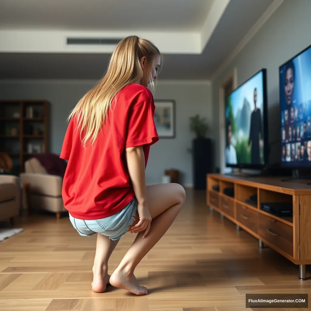 Side view of a blonde skinny woman in her early twenties in her massive living room, wearing a massively oversized red polo t-shirt that is somewhat off-balance on one shoulder, with the bottom part untucked. She is also wearing light blue denim shorts and no shoes or socks, facing her TV as she crouches down to prepare to dive into the magical TV.