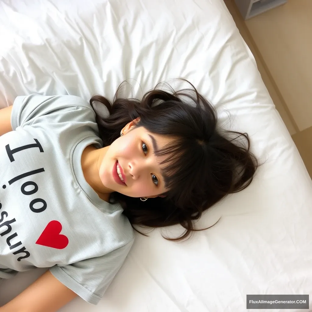 A young woman lying on a bed wearing a shirt with the words "I love xinshun."