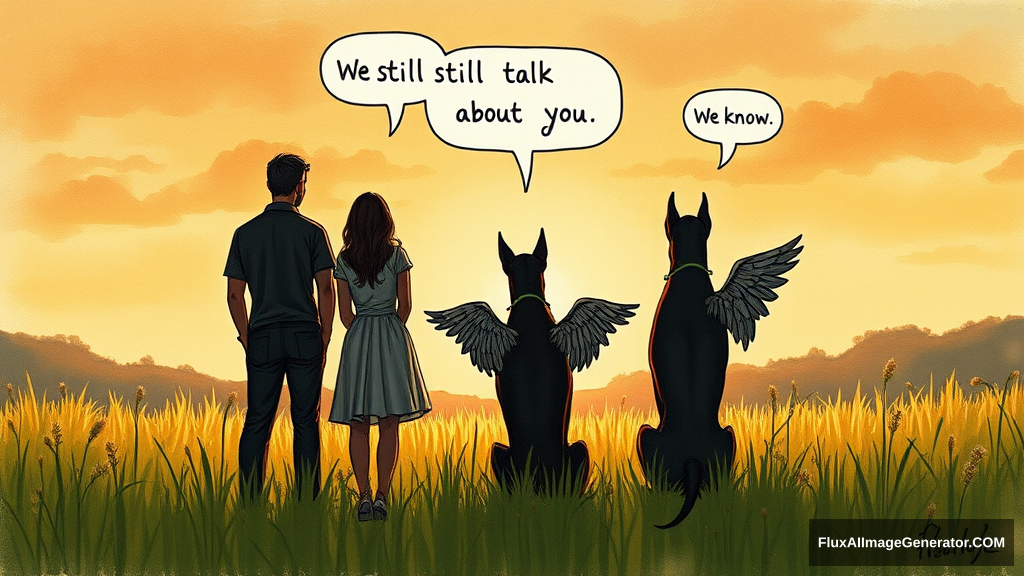 Messy, pencil sketch colour illustration: 4 silhouetted figures—2 male, 2 female—stand in a lush meadow at golden hour. 3 ethereal, winged dobermans sit beside them. Facing away from the viewer. Speech bubbles float above: "We still talk about you" (human), "We know" (dog). Nostalgic atmosphere, convey wistful longing.