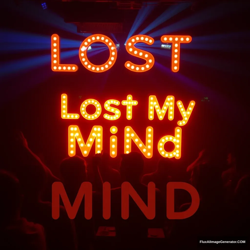 Lost my mind in the club, people dancing, glowing 3D text saying "Lost My Mind".