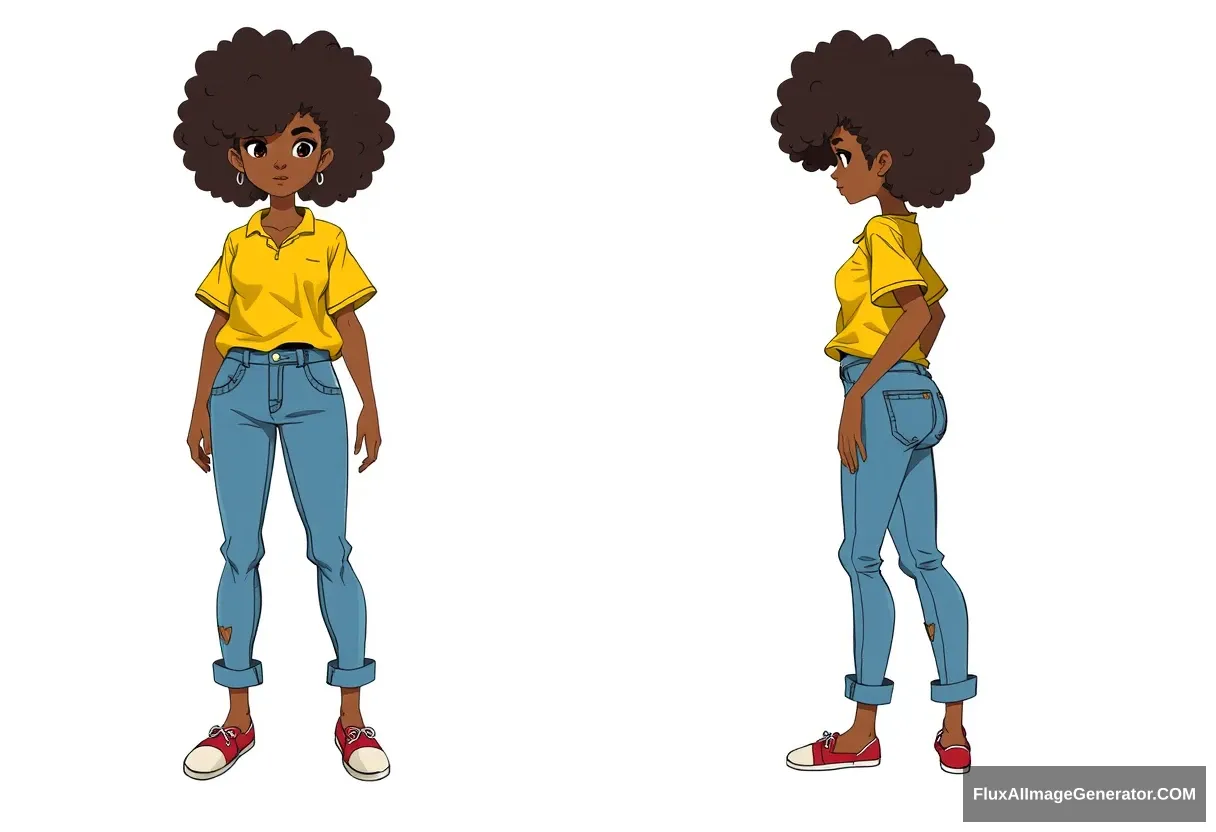 character sheet, front and side profile, girl in yellow shirt with jeans, afro hair covering eyes,