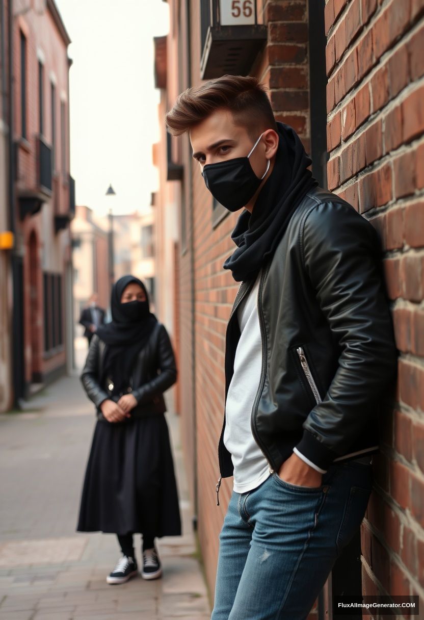 Jamie Dornan, handsome, young, black face mask, collage jacket, jeans, dating a beautiful, romantic Muslim girl wearing a black hijab with beautiful eyes, black face mask, black leather jacket, sneakers, the longest and biggest skirt, standing and laying by a brick wall in a town, morning scenery, photorealistic, street photography. - Image