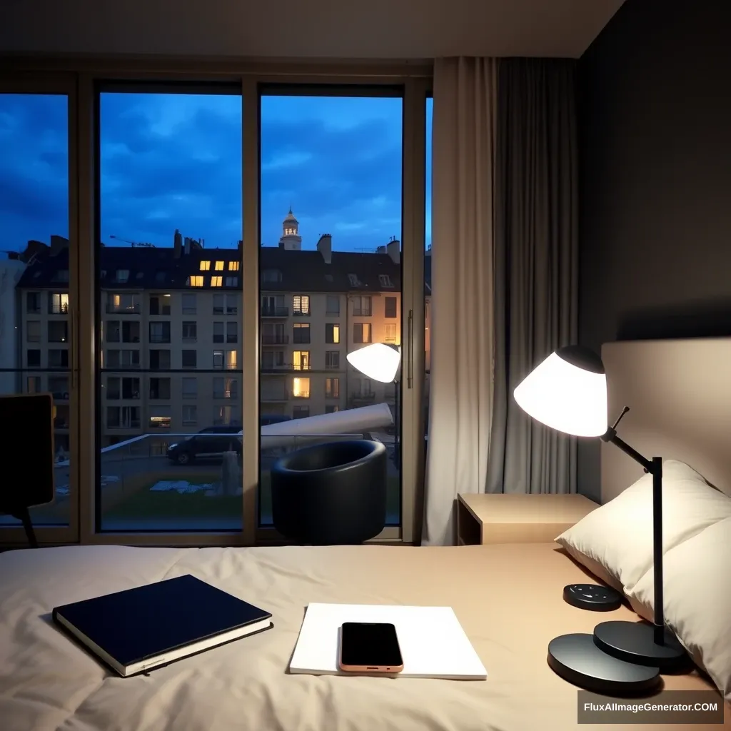 Modern bedroom apartment, big glass window, midnight in France, a study lamp lighting, a notebook and phone on a study desk.