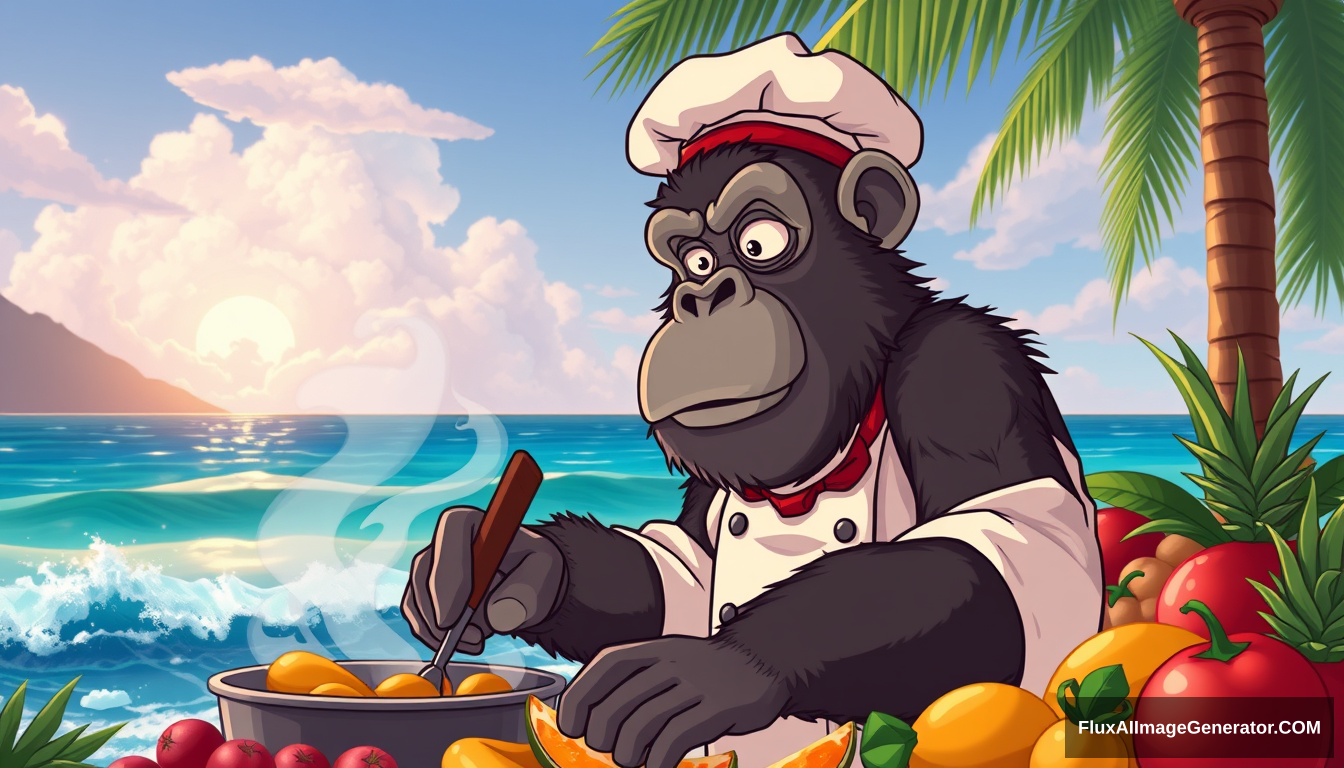 Cartoon gorilla dressed like a chef, cooking by the ocean with tropical fruit all around him. Vibing.