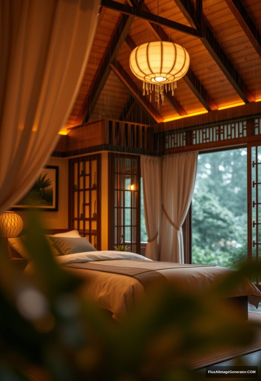 A total of oriental cabins, exquisite detail design, house bed without warm colored lighting, rainstorm, aesthetic sense, depth of field, foreground blur, comfortable, comfortable, relaxed, master composition.