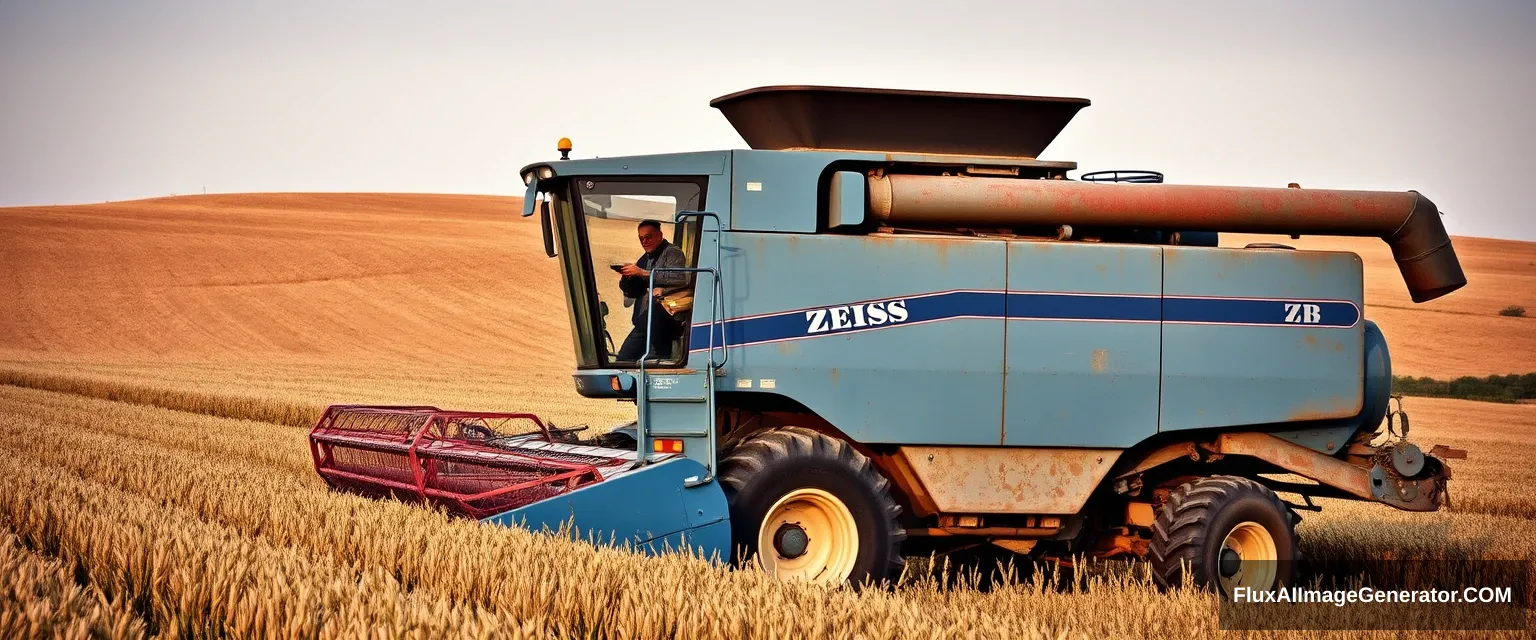 Vintage photography of a combine harvester in a field in Tuscany. The combine harvester has a ZEISS logo on it and is blue. - Image