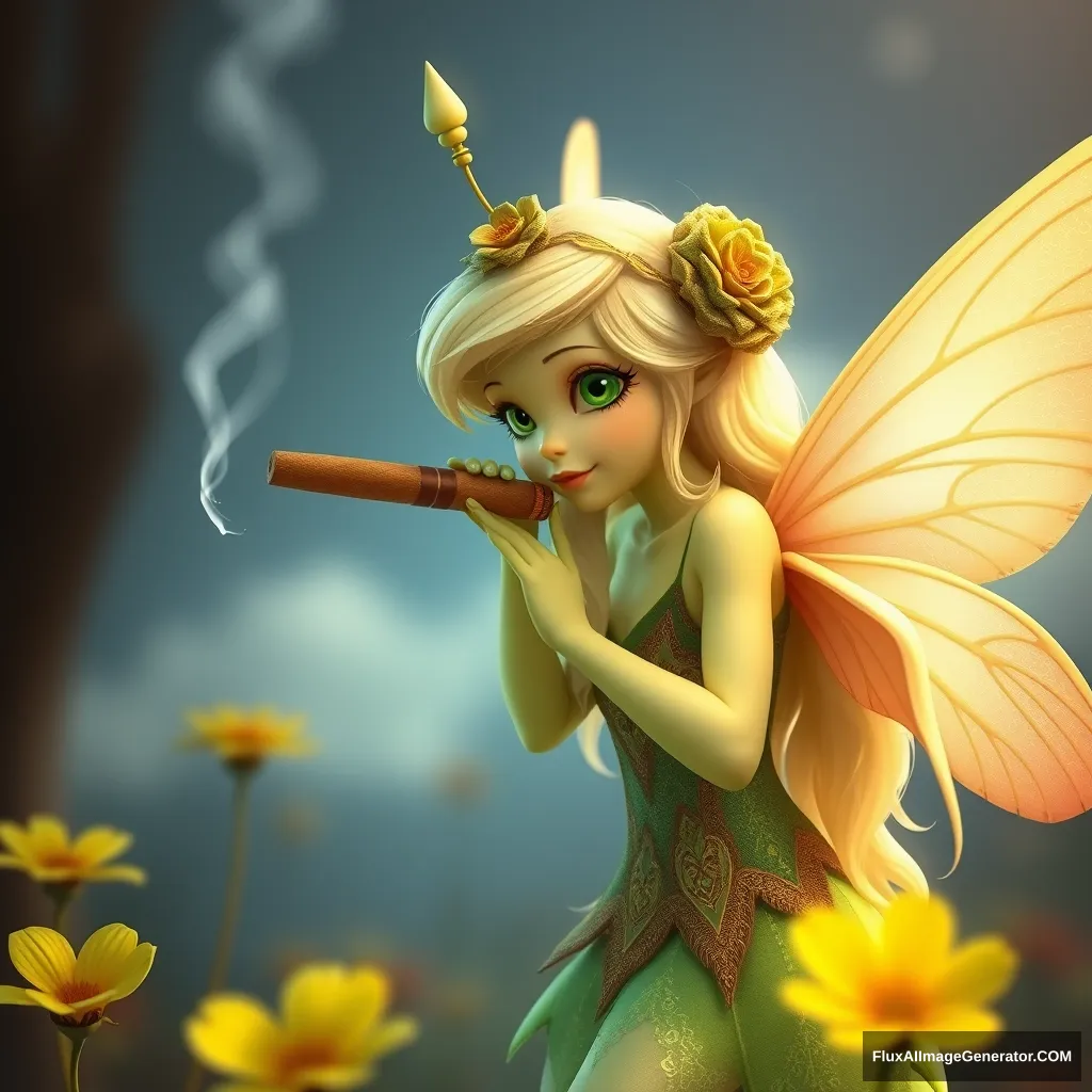 cute white ginger fairy green looking a cigar taller than her - Image