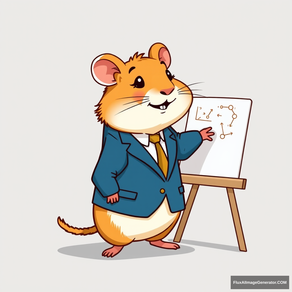 Illustration of a hamster in a business suit. Standing next to a whiteboard, pointing at the diagrams on the board.