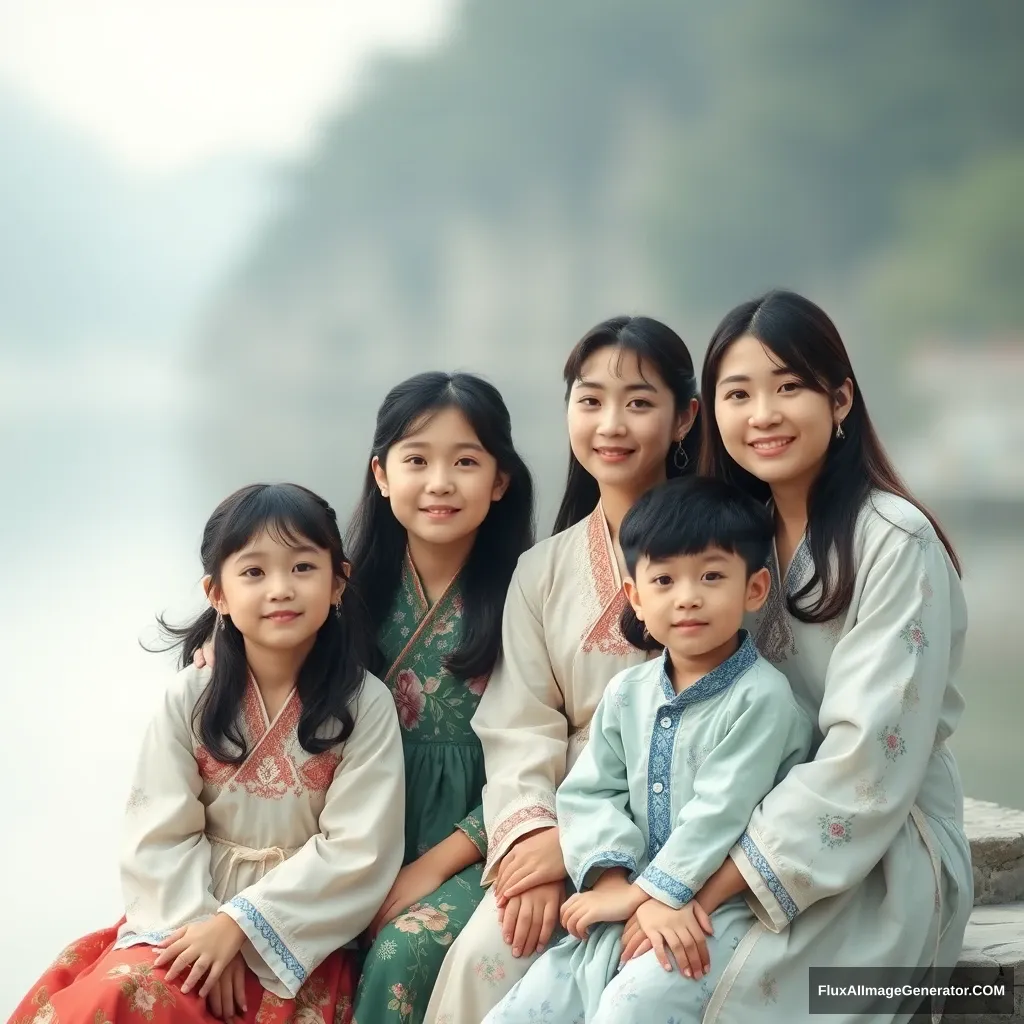 Korean family (father, mother, 2 daughters, 1 son) Monet style.