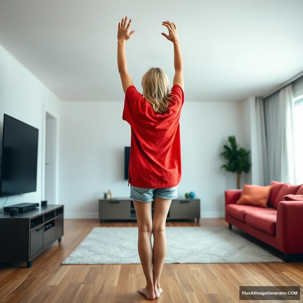 Side view of a skinny blonde woman in her early twenties, standing in her enormous living room. She is wearing a massively oversized red polo t-shirt that drapes unevenly on one shoulder, with the bottom part also untucked. She pairs it with light blue denim shorts and is barefoot, with no shoes or socks on. Facing her TV, she dives into the magical screen, raising her arms so quickly that they become a blur.