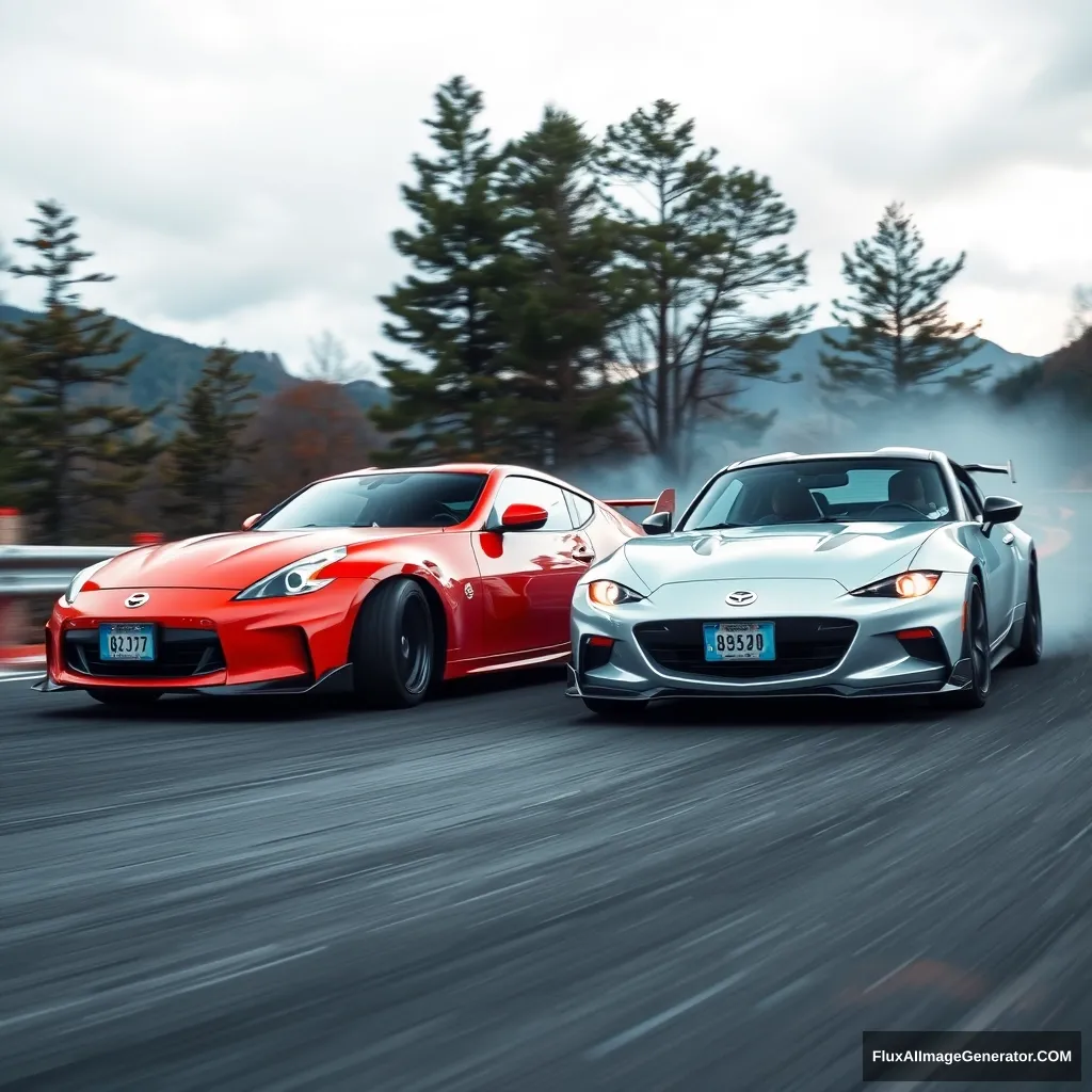 Create an image of a Nissan 350z and a Mazda Miata NA drifting on a Japanese mountain.