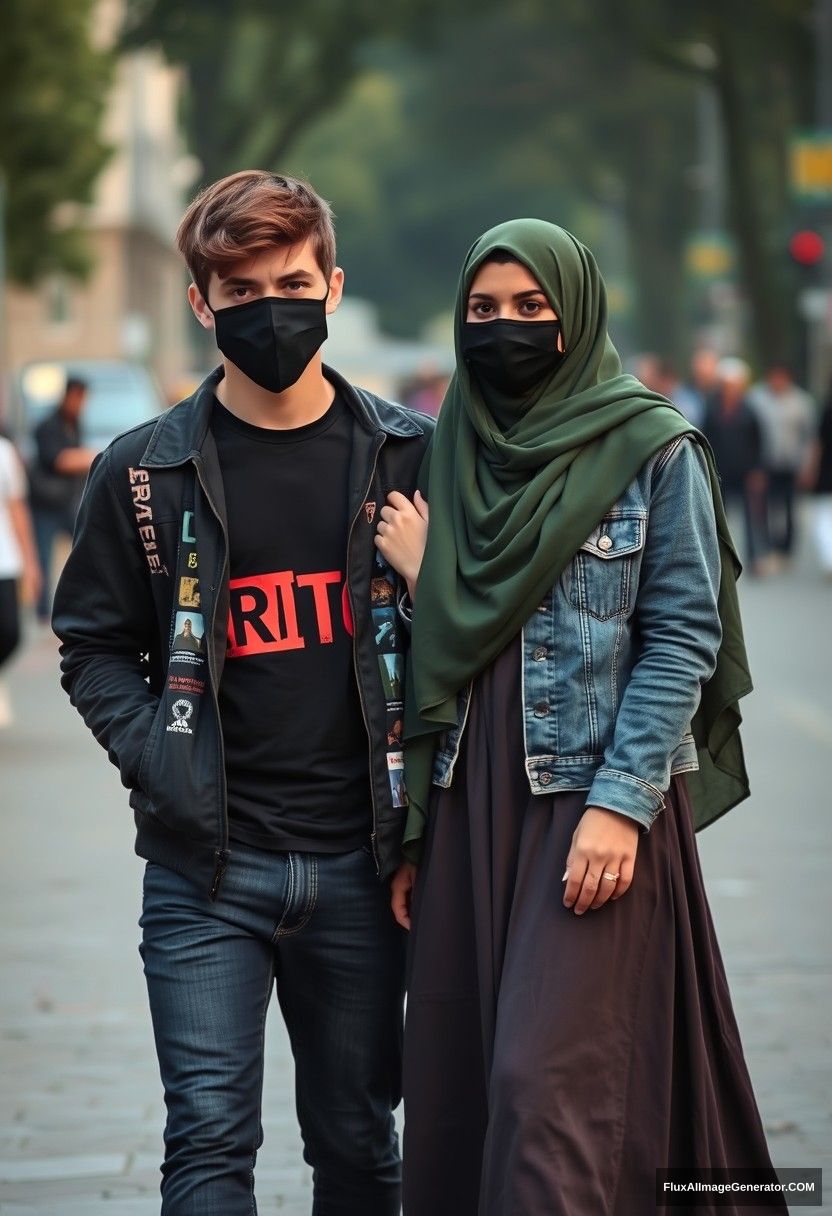 Jamie Dornan, young, wearing a black face mask, black T-shirt, riot collage jacket, jeans, and red sneakers, dating a beautiful Muslim girl in the biggest army green hijab, with beautiful eyes, wearing a black face mask, jeans jacket, and a long skirt, not tall, photorealistic, street photography, full photography. - Image