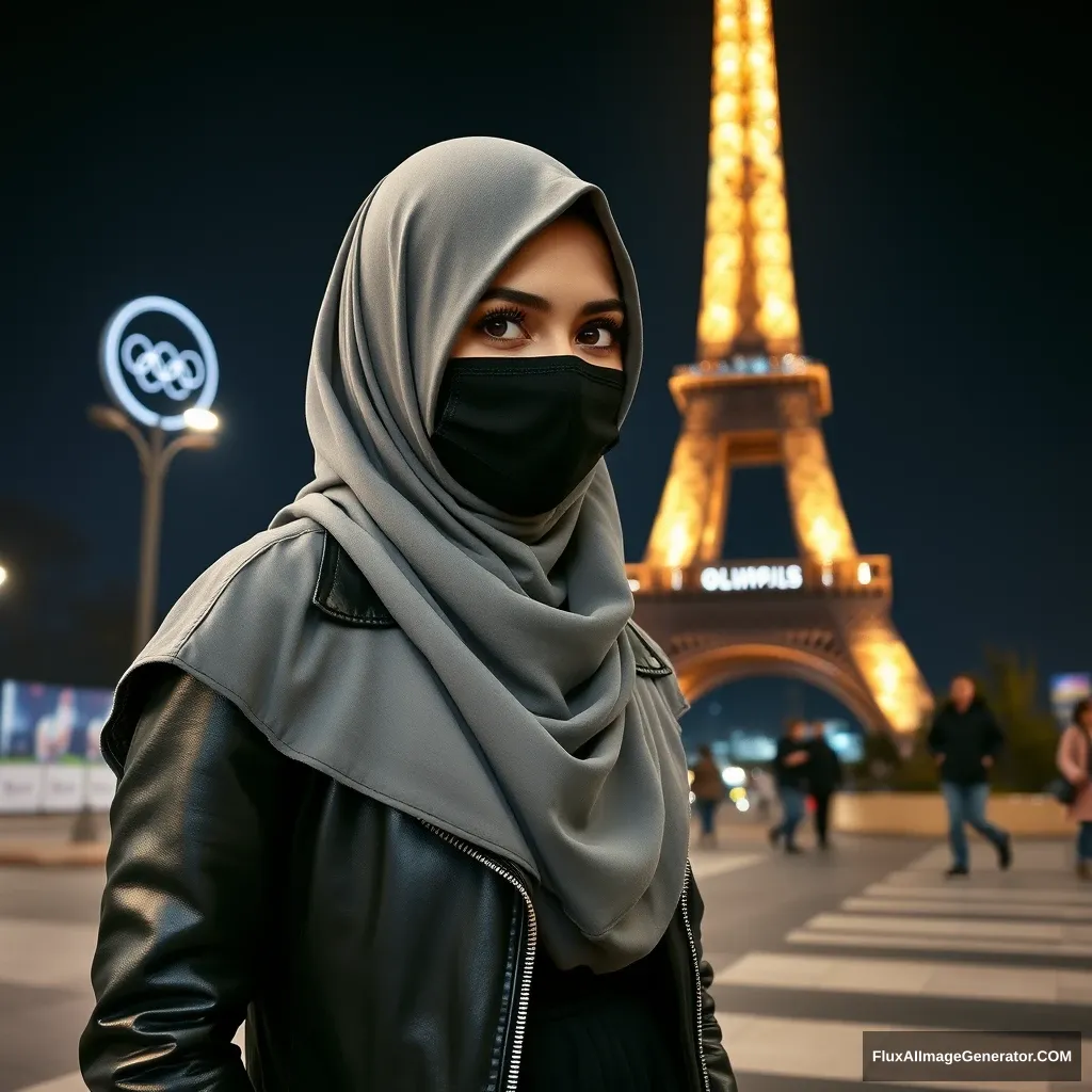 A big grey hijab Muslim girl, beautiful eyes, black face mask, black leather jacket, the biggest longest skirt, standing near the Eiffel Tower, Olympic logos theme, night scenery, hyper-realistic, street photography.