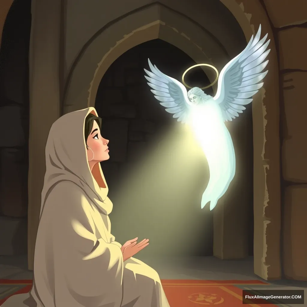 A peaceful scene inside a sacred temple. Maryam, a young woman with a serene expression, dressed in a simple robe, is praying in a small, dimly lit mihrab. Suddenly, an angel, Jibril, appears before her, radiating a gentle light. Jibril, in the form of a handsome man, speaks to her, while Maryam, initially startled, listens intently. The background is adorned with ancient stone walls, and the atmosphere is filled with a sense of divine presence and reverence. - Image