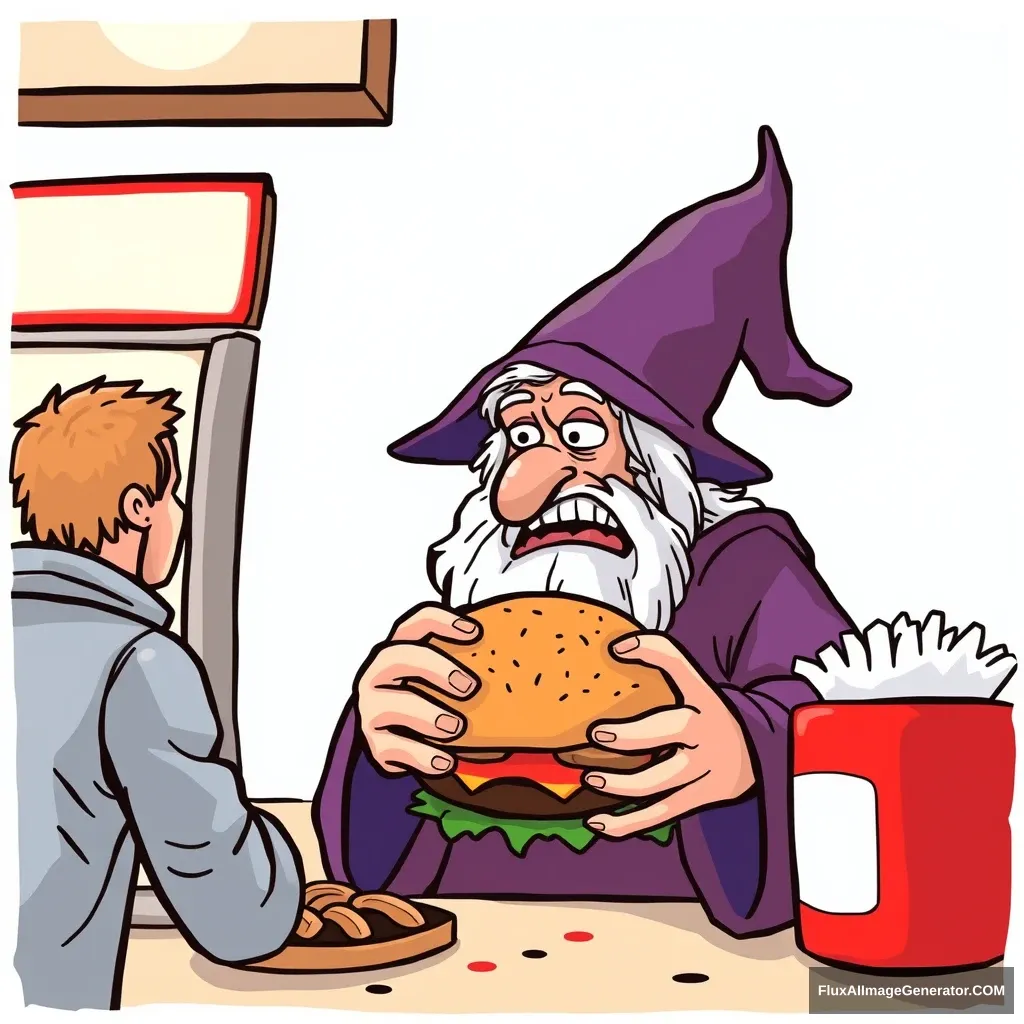 The wizard tries to buy a hamburger, but because no one understands him, he gets mad. - Image