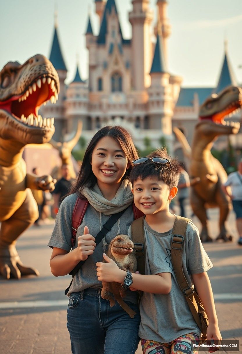 A beautiful Asian mom leads her seven-year-old son in Disneyland, dinosaurs, performances, cosplay, wide angle, golden hour lighting, ray tracing, global illumination, 2k. - Image