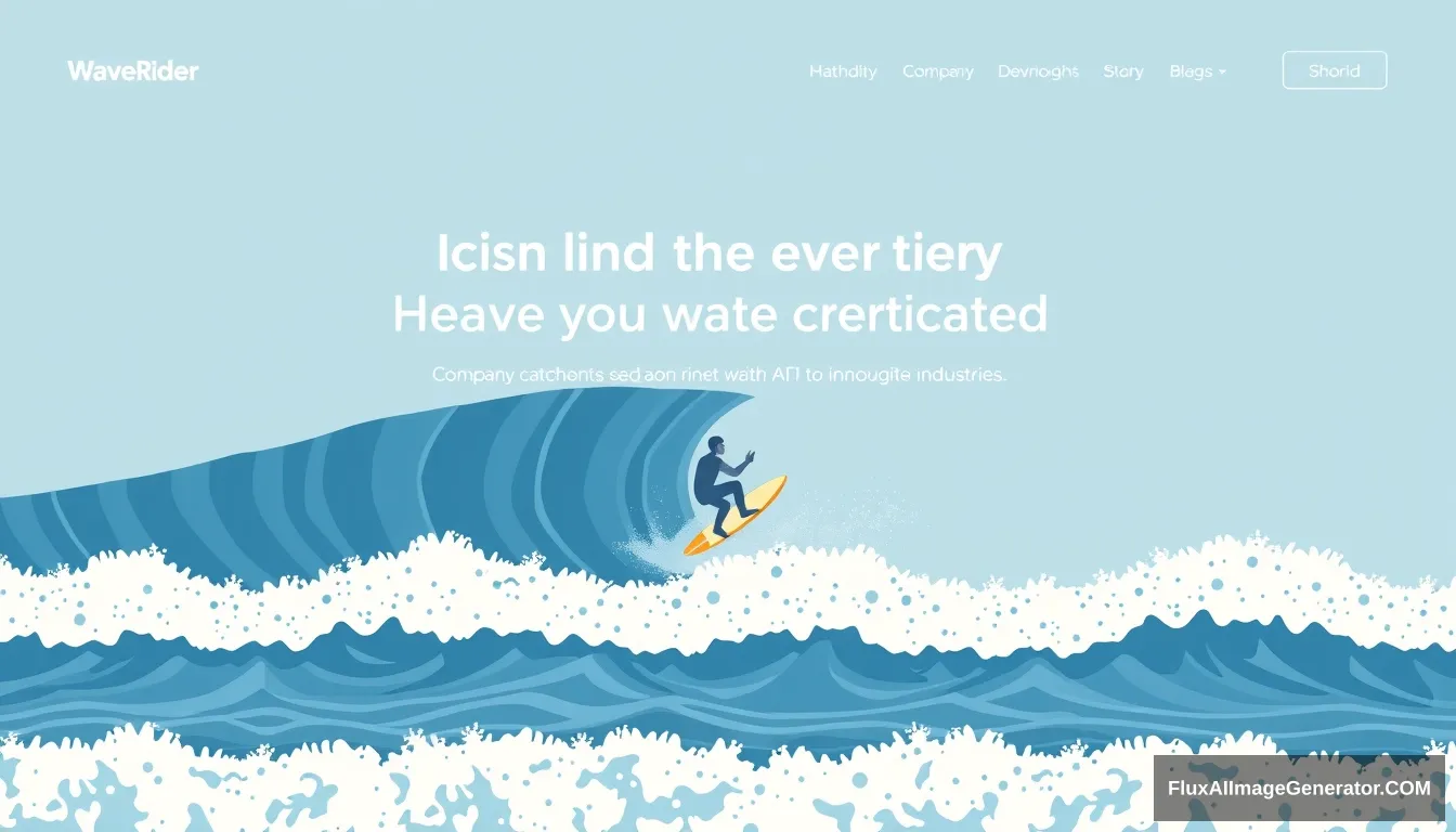 WaveRider company's homepage main background image

Company catchphrase: Riding the wave of AI to innovate industries

The shape of the wave has a digital wave feel

A dynamic image of riding a surfboard over a big wave.

An illustrated feel rather than a real photo.