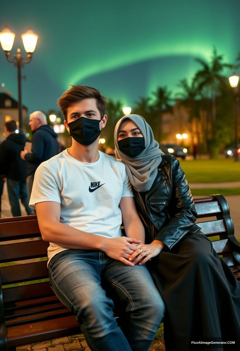 Jamie Dornan, tall, young, wearing a black face mask, a white Nike T-shirt, and jeans,

dating romantically with a grey hijab-wearing Muslim girl, beautiful eyes, wearing a black face mask, a leather jacket, and a very long and big skirt, not a tall girl,

sitting romantically on a park bench together, in town, with strangers in the background, photorealistic, selfie photos, night scenery, aurora borealis. - Image