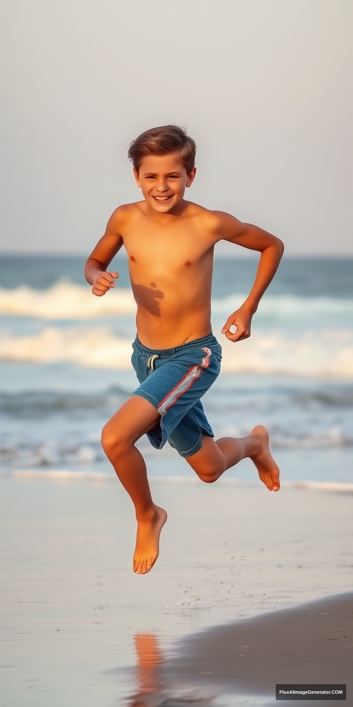 shirtless teen boy at the beach running