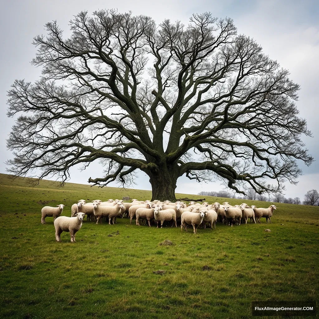 Grassland sheep flock big tree - Image