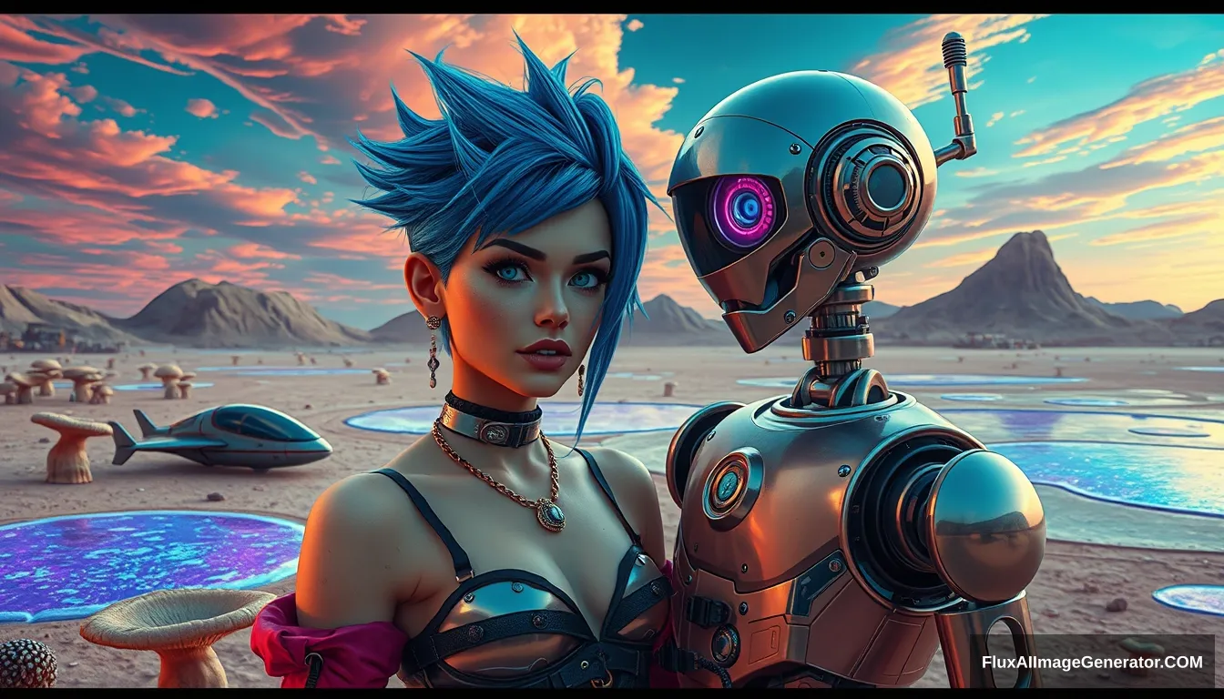 Cinematic Photo of a couple in the intricate style of Enki Bilal: A deliciously attractive punk girl with electric blue spiky hair and a charming retro-futuristic robot. A small spaceship nearby. Scene: on a surreal alien desert adorned with iridescent fungi and shimmering lakes, all beneath a vibrant, dreamlike sky. - Image