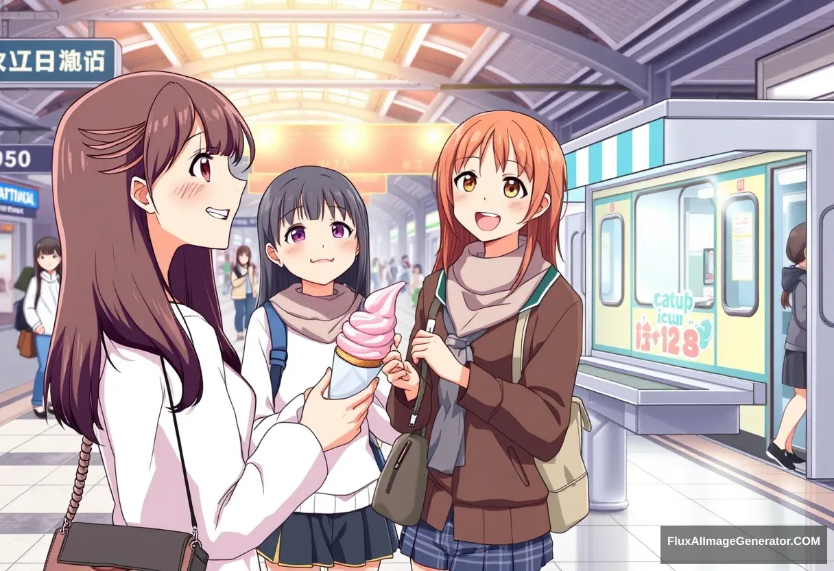 Anime illustration, In a bustling train station plaza, a young woman's face lights up with delight as two cheerful teenage girls offer her a complimentary ice cream from their colorful popup stall. The girls greet the woman warmly, their infectious smiles matching her look of surprised joy at the unexpected kindness. As the woman savors the frozen treat, the girls bask in the satisfaction of bringing happiness to a stranger's day, creating a heartwarming vignette within the lively urban setting.