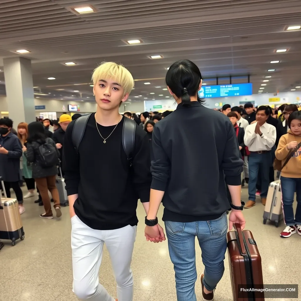 A man with ear-length short blond hair and a man with low pony-tailed black hair are holding hands in front of a large crowd at the airport. Both are styled like K-pop idols, with the blond man being slightly taller than the black-haired man. - Image