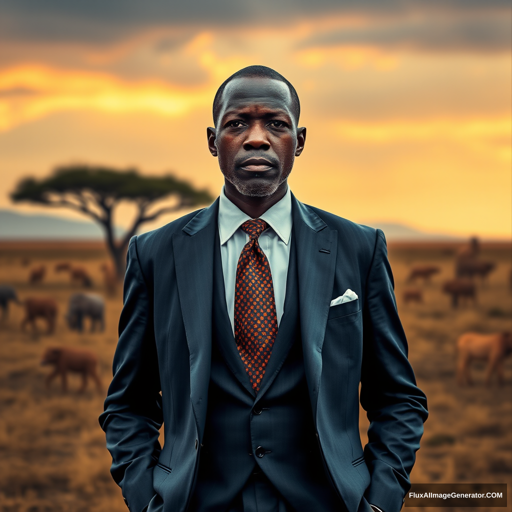 Hyper-realistic full-body picture of an African man wearing a suit, standing in the middle of the savanna.