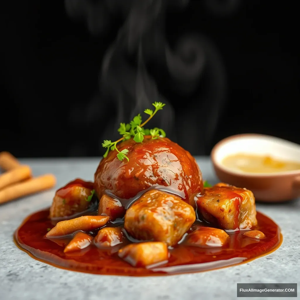 A creative shot of Stewed Pork Ball in Brown Sauce