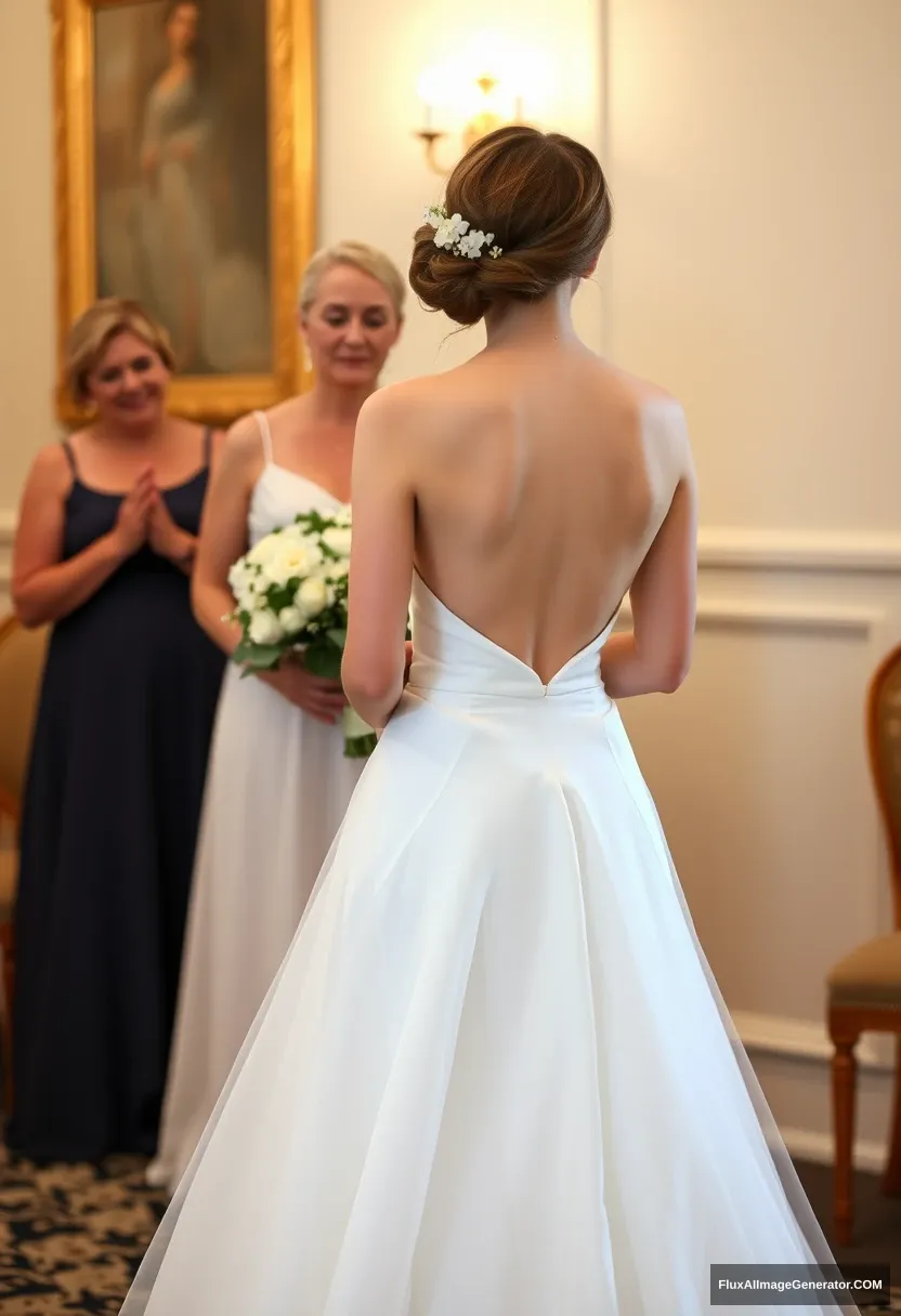 A short young woman, sensitive, delicate, backless strapless side-less low-waisted contouring wedding dress with a loose front and an open rear. Mingling obediently and fawning with fathers. Expectations. Perfect posture. Pale skin. - Image