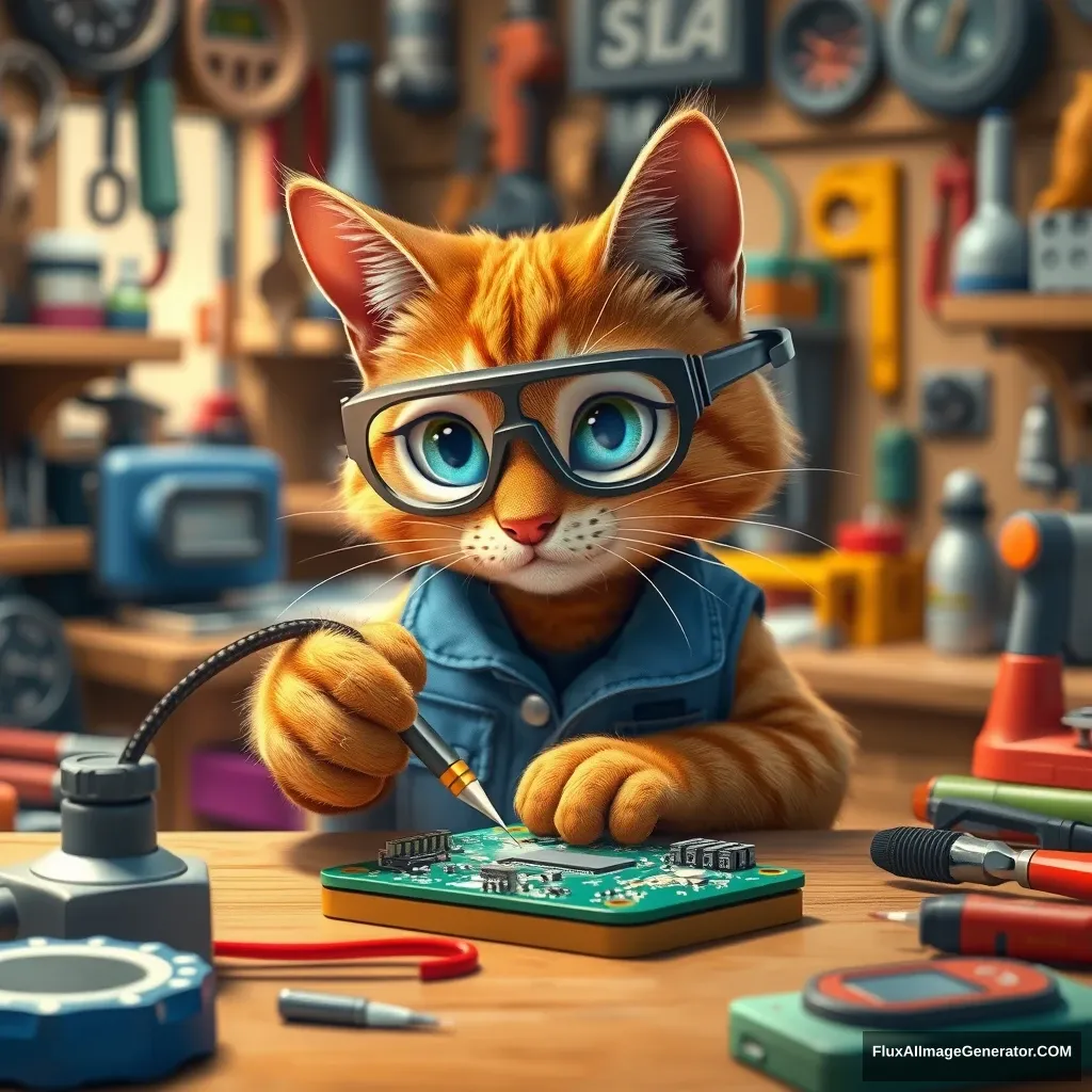 A curious ginger tabby cat, wearing tiny safety goggles and a blue technician's vest, meticulously solders a complex PCB circuit board. The whimsical Pixar-style scene unfolds in a cozy, warmly-lit workshop filled with oversized tools and colorful gadgets, evoking a sense of playful innovation. - Image