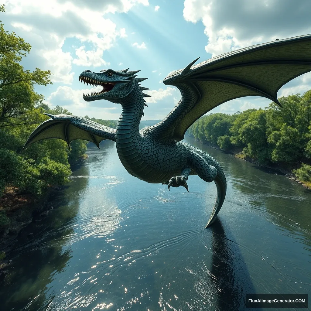 /imagine prompt: A hyper-realistic photograph of a western dragon flying high in the sky, its scales gleaming in dark green with intricate, lifelike reptilian texture like an alligator's skin, slightly wet and glossy. Powerful wings flapping, dynamic pose, aerial view from the river below. The river flows calmly with crystal-clear water, perfectly reflecting the dragon above, surrounded by lush, verdant trees with visible leaves. The sky is partly cloudy with rays of sunlight piercing through, highlighting the dragon's form in stunning clarity, hd quality, vivid style --ar 16:9 --v 6.0