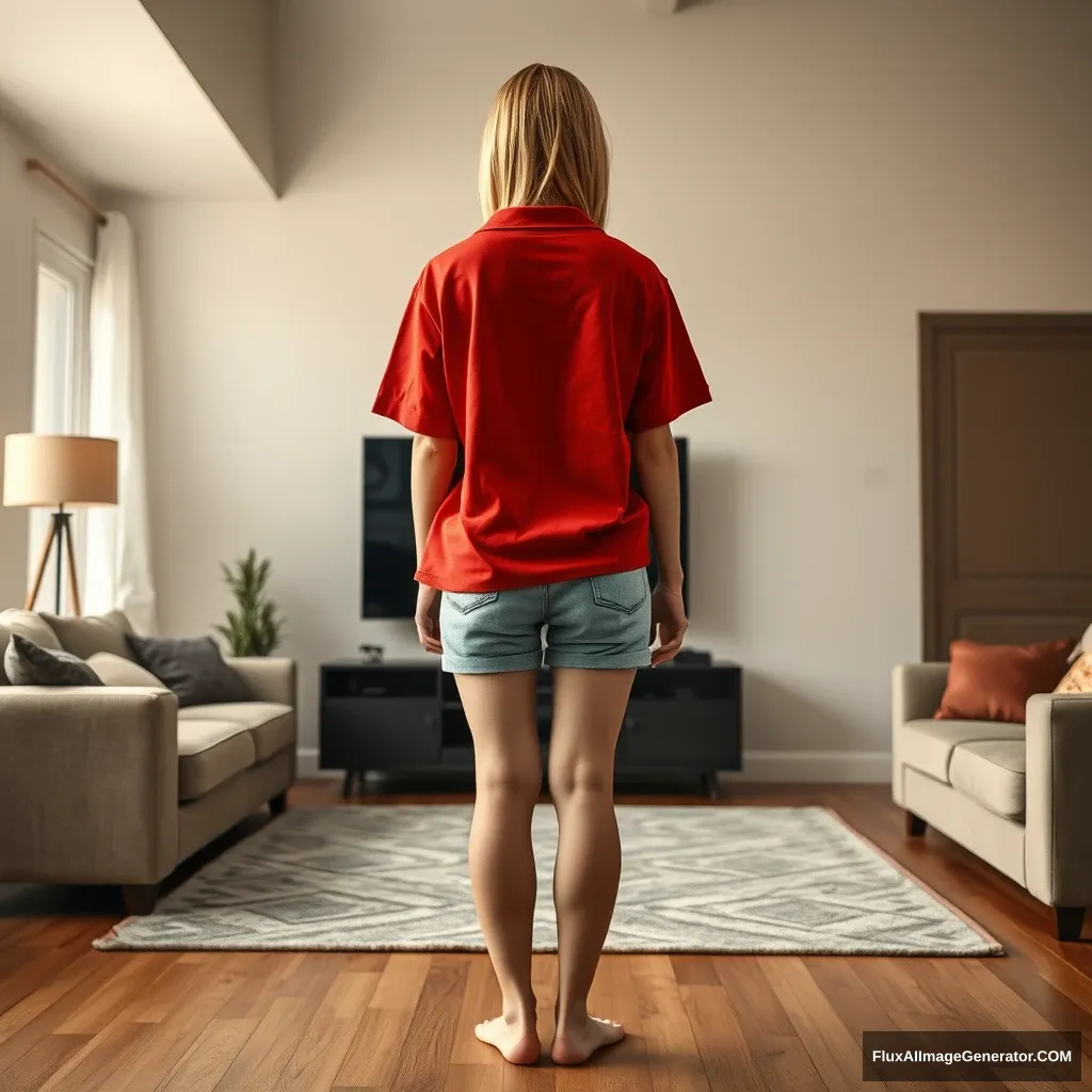 Back view of a young blonde skinny woman who is in her early twenties is in her massive living room wearing a massively oversized red polo t-shirt which is a bit off balance on one of the shoulders and the bottom part of her t-shirt is tucked in on all sides. She is also wearing small light blue denim shorts and she is wearing no shoes or socks. She faces her TV and stands there with both arms straight down. - Image