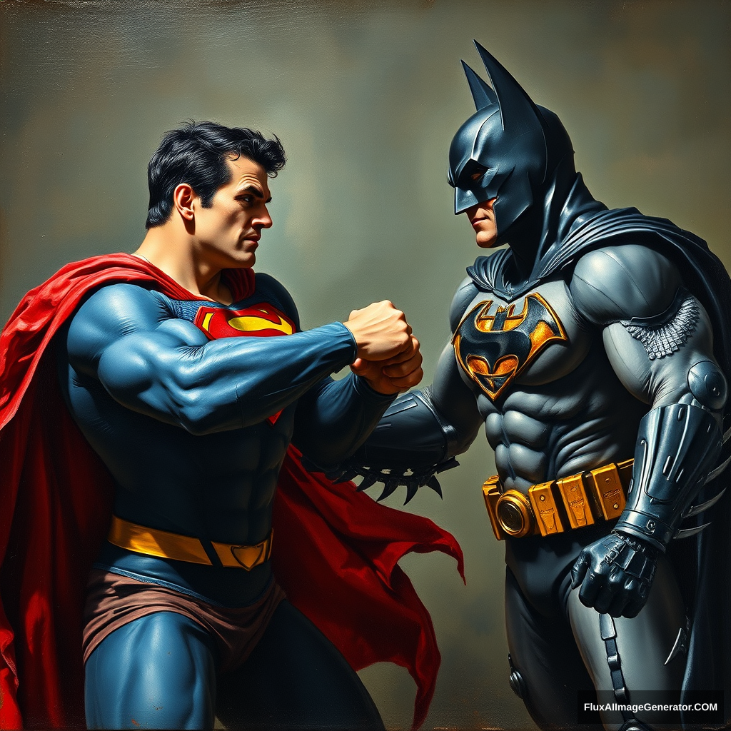 Oil painting of Superman and Batman punching each other in the style of Rembrandt.