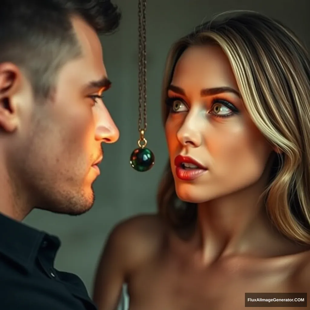 A pretty small delicate and slim lady hypnotizing her much bigger and muscular boyfriend in a session, looking directly into his eyes and swaying a pendant in front of his eyes, her eyes are powerful and hypnotic, he is entranced his mouth open in a silly expression.