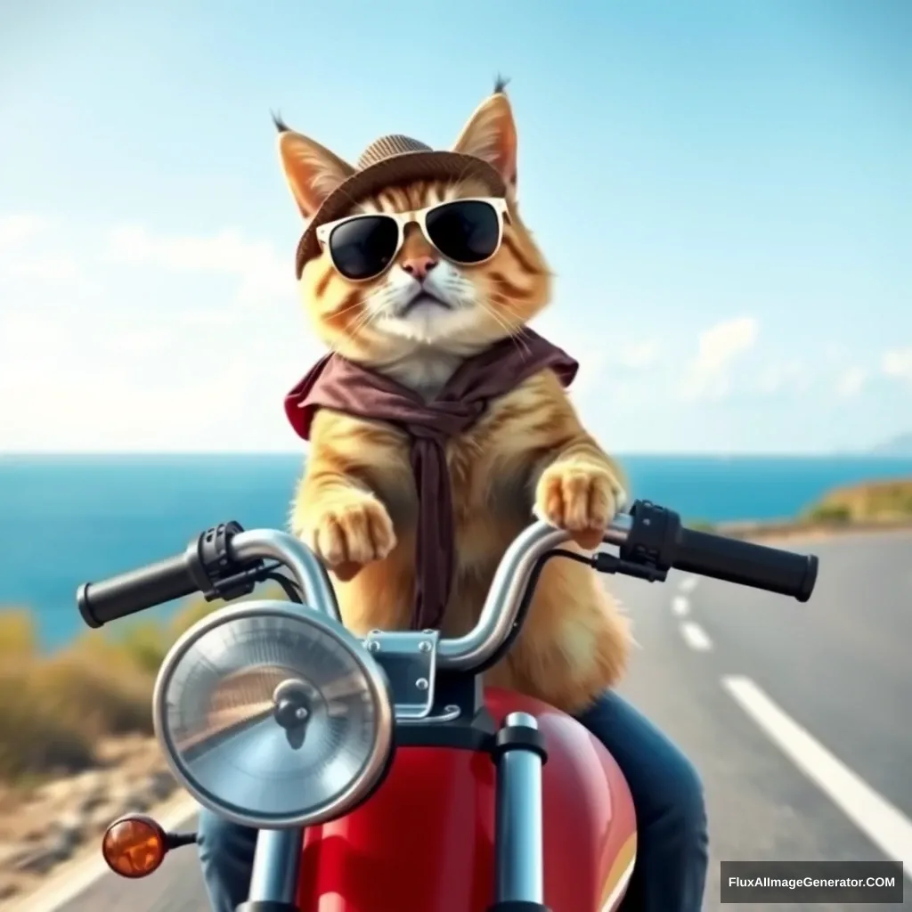 A cat riding a motorcycle on a road with a view of the sea, wearing a cool hat and sunglasses. - Image