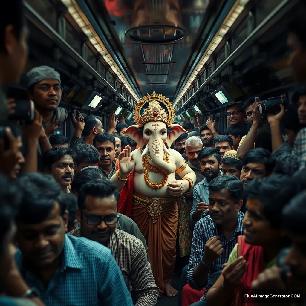 Lord Ganesha, depicted as a real human god, traveling in a packed Mumbai local train during the peak rush hour. The train is crowded, with every inch of space filled by daily commuters, all jostling for room. Ganesha, standing calmly amidst the crowd, blends in with the other passengers with a touch of divine aura.

The scene should capture the essence of Mumbai's local trains: the hustle and bustle, the energy, and the diversity of people—office workers, students, and vendors—all squeezed together, holding onto the overhead handles or leaning against the doors. Despite the cramped space, there’s a sense of excitement in the air as a few passengers recognize Ganesha. Their expressions range from surprise to joy, with some whispering among themselves and others offering a silent prayer. Unreal engine, 4k, evening time, little duct, smiling faces, happy, fast, speed, Mumbai local train, dark environment, add more LED lights around train.