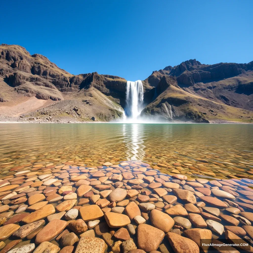 A clear lake surface, scattered with brightly colored stones, a massive waterfall cascading down from the mountains, a deep blue sky.