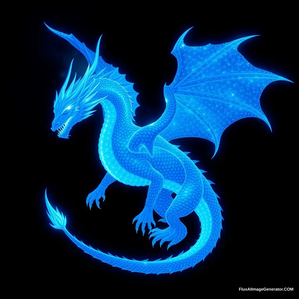 A blue dragon designed to look like it is glowing with the Cherenkov effect. The dragon emits a luminous blue light, similar to the glow seen in nuclear reactors due to charged particles moving faster than light in a medium. The dragon's scales are shimmering, with an ethereal glow, and it appears to be both mystical and powerful.