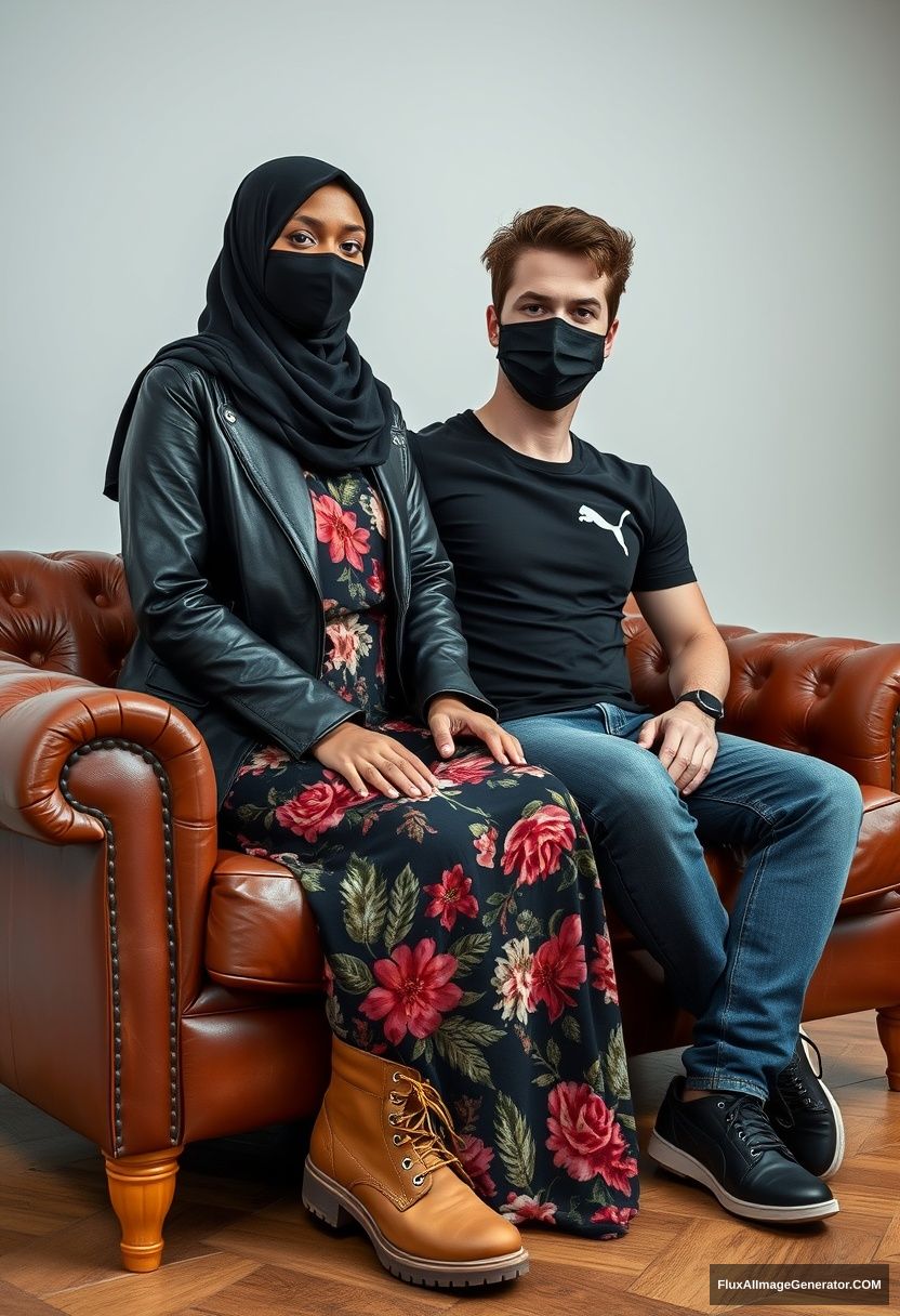 A biggest black hijab girl, slim girl, beautiful eyes, face mask black, black leather jacket, biggest floral long dress, timberland boots, sitting on leather single wing sofa, 

Jamie Dornan, youngest, puma black t-shirt, jeans, black leather sneakers, tall man, face mask black, fit body, sitting near her,

hyper realistic, studio photography. - Image