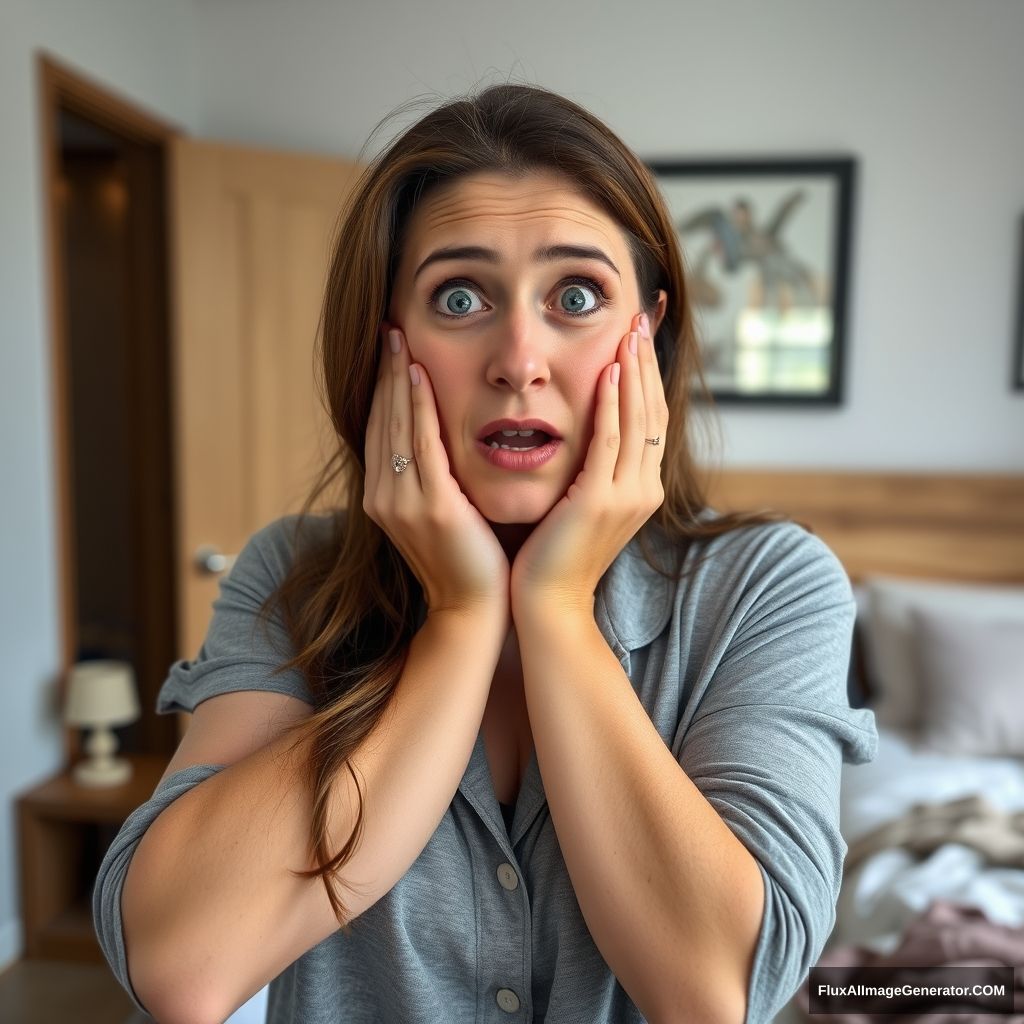 A 38-year-old Caucasian brunette woman standing in her bedroom. She is wearing pajamas. She has a shocked look on her face. Both hands are on her face. - Image