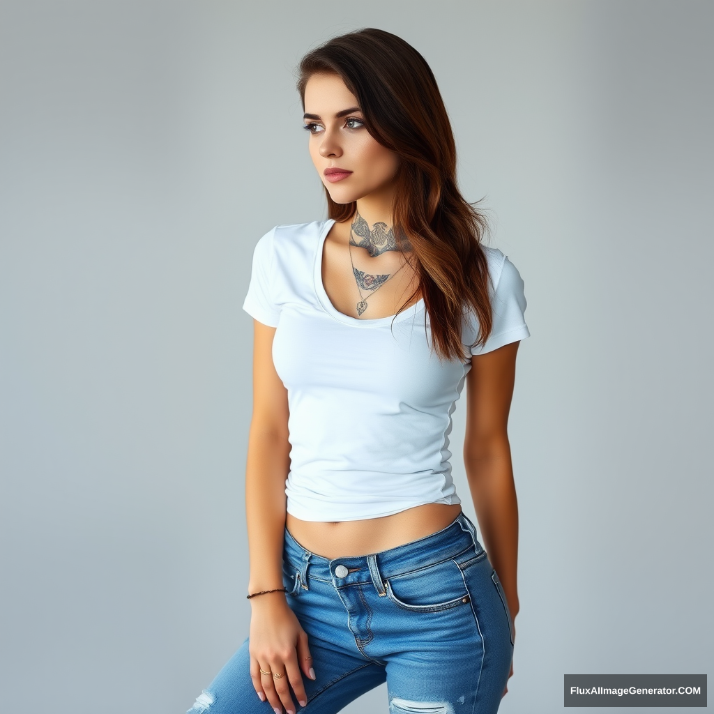 Beautiful woman, 23 years old, shoulder-length brown hair with neck tattoos, wearing tight low-cut blue jeans and a tight white t-shirt with white sneakers. - Image