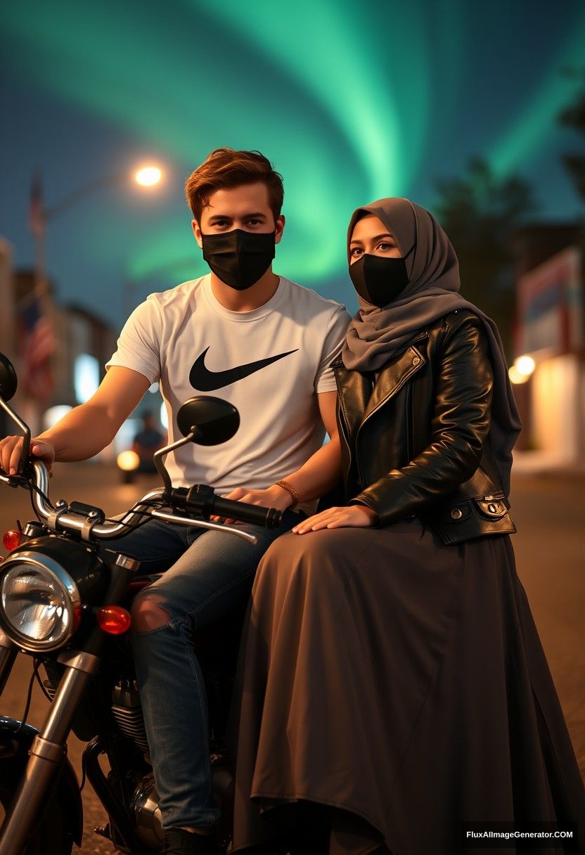 Jamie Dornan, tall, young, wearing a black face mask, a white Nike t-shirt, and jeans, riding a motorcycle, 

dating a lovely, romantic grey hijab-wearing Muslim girl with beautiful eyes, wearing a black face mask, a leather jacket, and a very long and large skirt, who is not tall. 

Sitting together for a photo shoot on the motorbike in town, photorealistic street photography, at night, with an aurora borealis backdrop. - Image