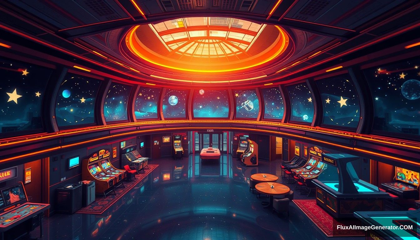 Cel shaded art, wide shot, from above, Dutch angle, from side, perspective, intense angle, depth of field
space, universe, space station, lobby, sunlight, retro, 70s, indoor, night, star, neon, warm light, game room, entertainment, glass ceiling. - Image