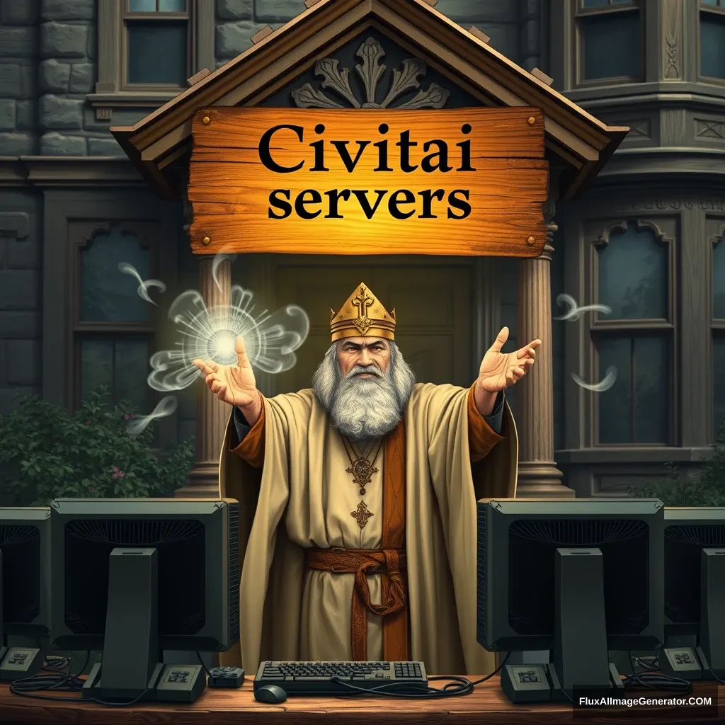 Medieval fantasy cleric casting healing miracles on Civitai computers, a wooden sign labeled "Civitai servers" is above the computers, the background is a Victorian house. - Image