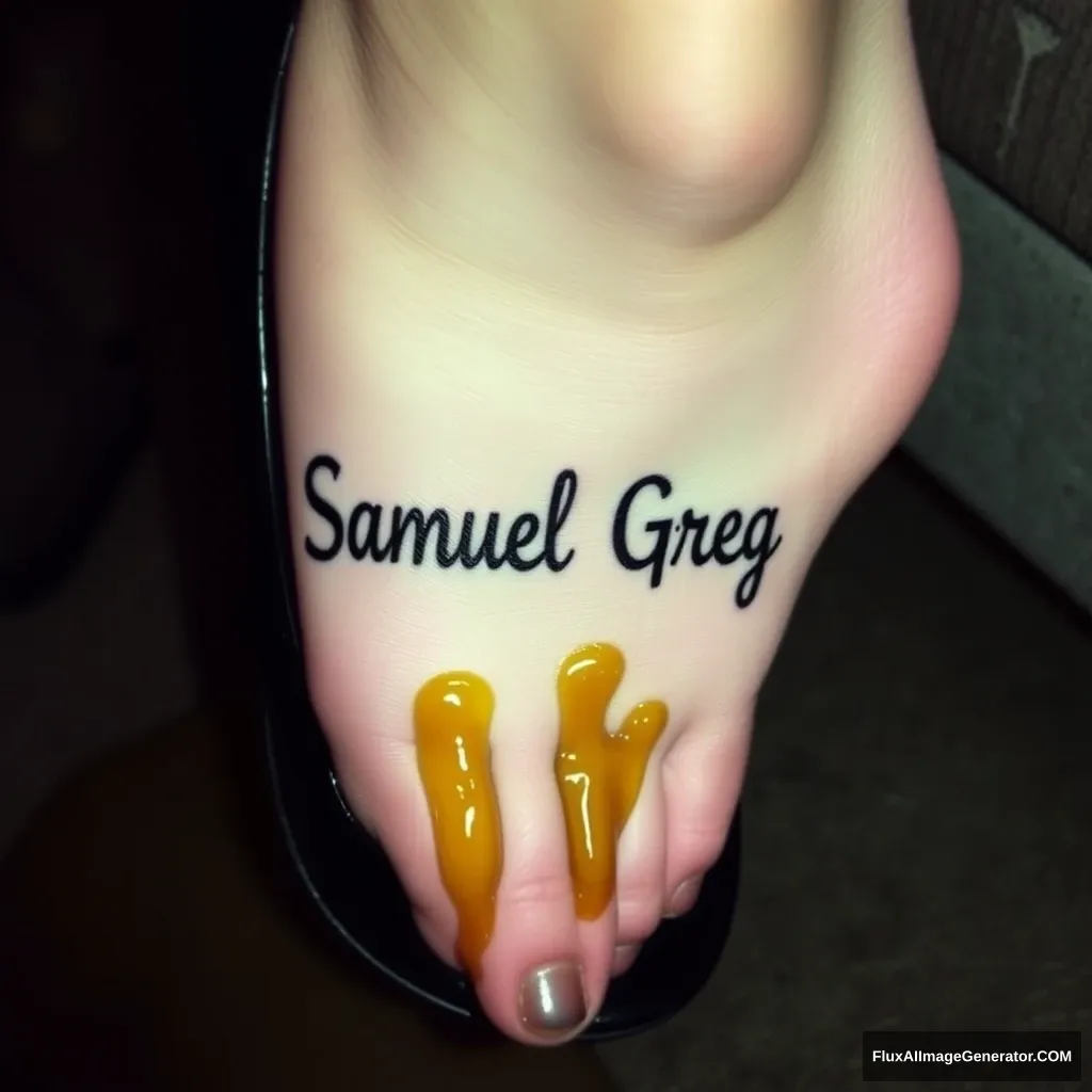 The name "Samuel Greg" on a woman's foot in a black high heel. There is oil all over the foot.